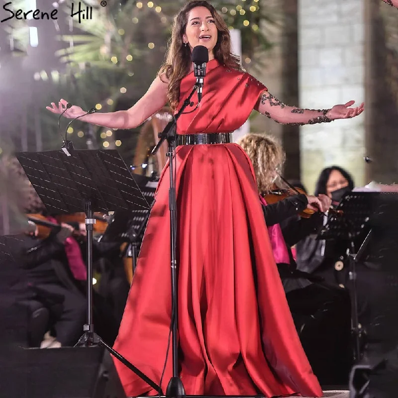 Limited Availability Serene Hill Red Beaded  Satin A-Line Sexy Evening Dresses Gowns 2024 One Shoulder For Woman Party LA71136