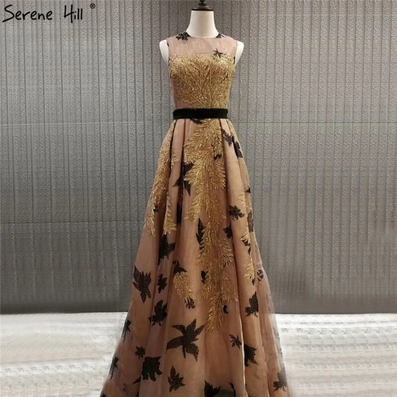 Deal Zone On Sale no return no refundSale Dubai Luxury Gold Sequined A-Line Evening Dresses O-Neck Sleeveless Sexy Formal Dress 2024 Serene Hill LA70001