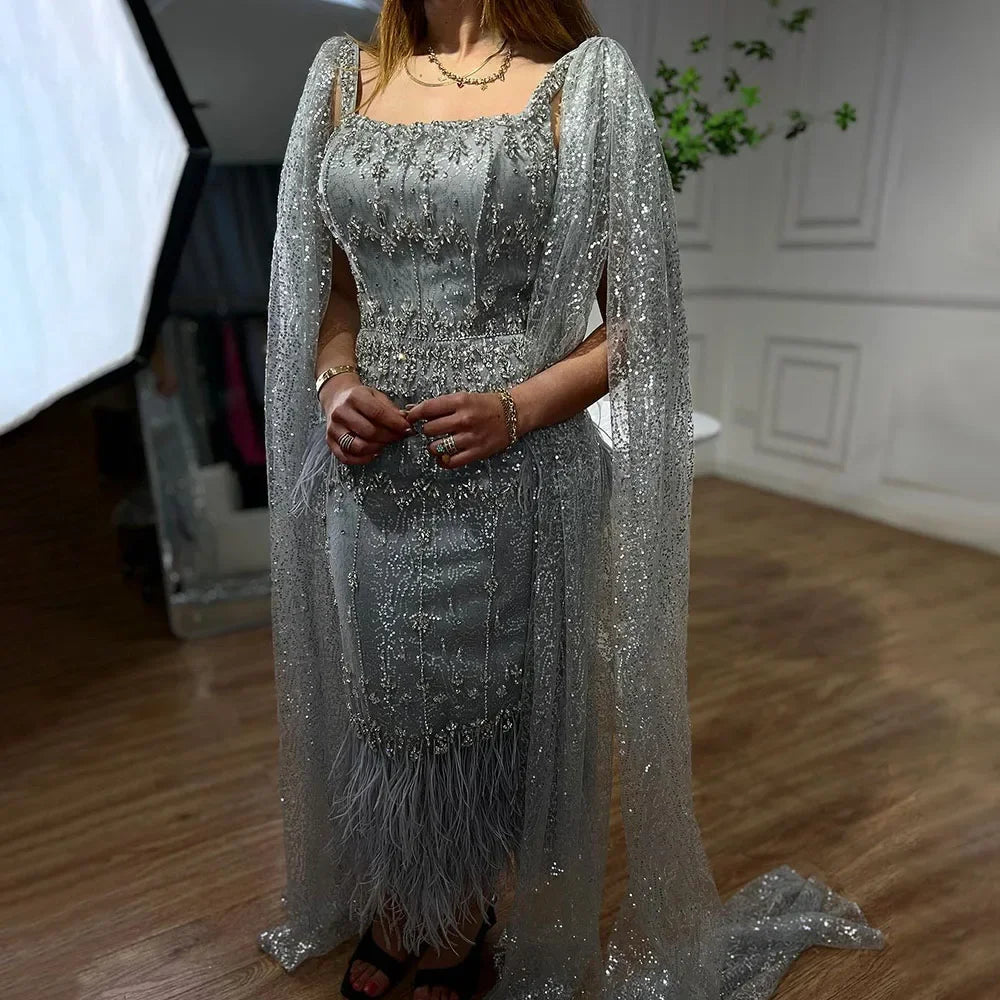 Act Now Serene Hill Sliver Gray Arabic Mermaid Evening Dress with Cape Feather Prom Formal Dresses for Women Wedding Party Gowns LA72334 Act Now Serene Hill Sliver Gray Arabic Mermaid Evening Dress with Cape Feather Prom Formal Dresses for Women Wedding Party Gowns LA72334
