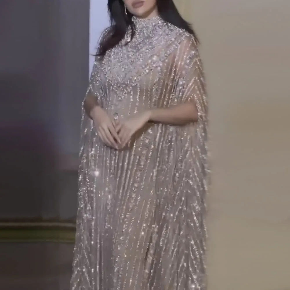 Unbeatable Prices Serene Hill Luxury Dubai Silver Nude with Cape Mermaid Arabic Evening Dress Gowns with Beaded for Women's Party 2024 LA72484