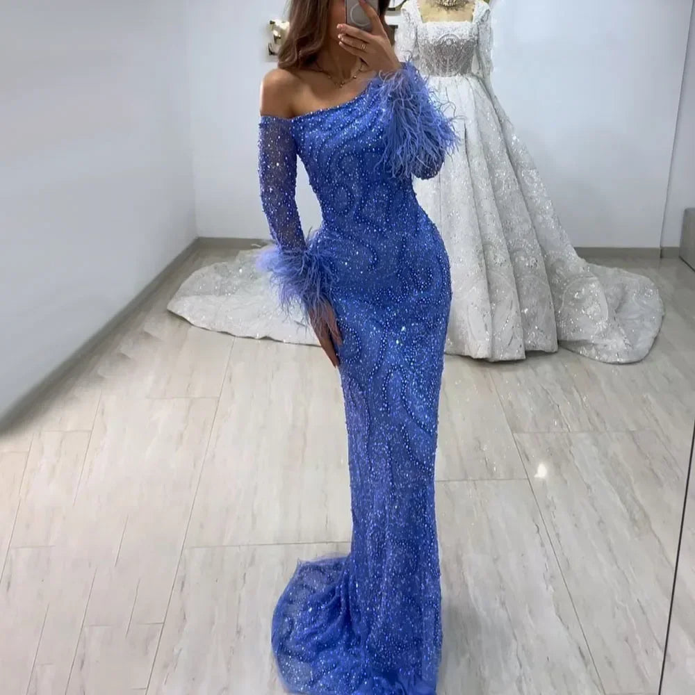 Clearance Event Serene Hill Blue Mermaid Elegant One-Shoulder Beaded Feathers Luxury Evening Dress Gown for Women's Wedding Party 2024 LA72395 Clearance Event Serene Hill Blue Mermaid Elegant One-Shoulder Beaded Feathers Luxury Evening Dress Gown for Women's Wedding Party 2024 LA72395