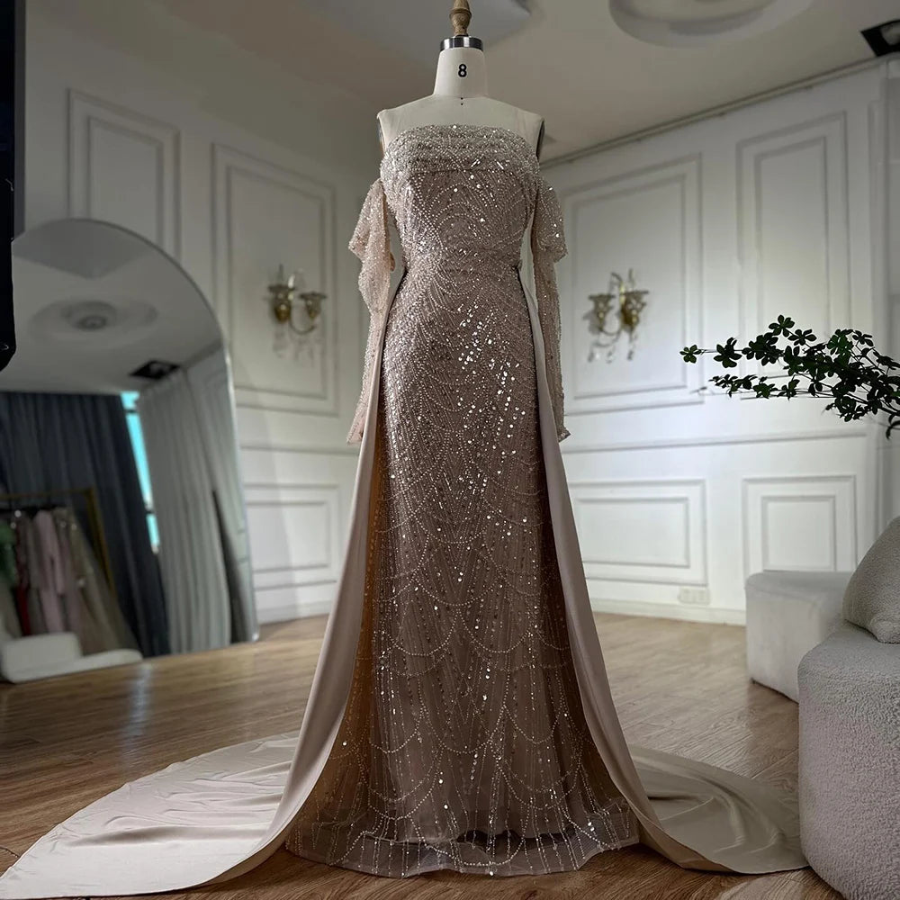 Deal of the Day Serene Hill 2025 Customized Arabic Nude Luxury Pearls Beaded Mermaid Evening Gown with Overskirt for Formal Occasion LA72160B