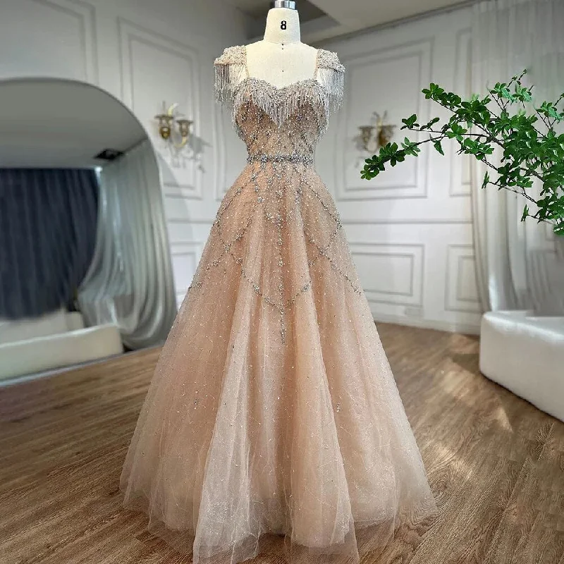 Incredible Offers Serene Hill Arabic Nude A Line Sweetheart Beaded Tassel Lace Up Evening Dresses Gowns For Women Wedding Party 2024 LA72214