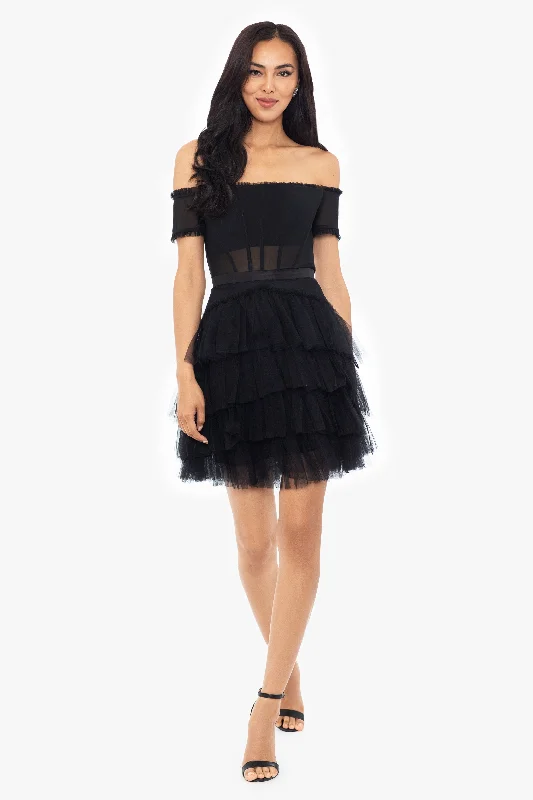 Special Savings "Priscilla" Off the Shoulder Tiered Mesh Short Dress