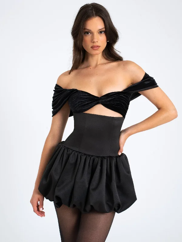 Quick Sale Gabby Black Velvet Top Bubble Hem Mini Dress