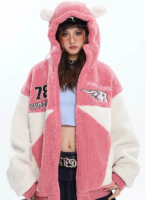Lowest Price 78 R Flame Patchwork Fleece Long Sleeve Panda Ears Zip Up Hoodie