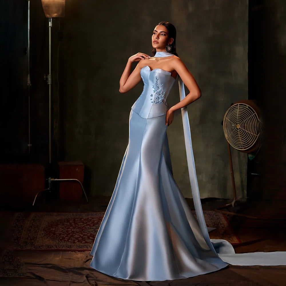 Steals and Deals Serene Hill 2025 Customized Saudi Blue Strapless Mermaid Satin Evening Dress Gown with Long Scarf for Formal Occasion LA72831