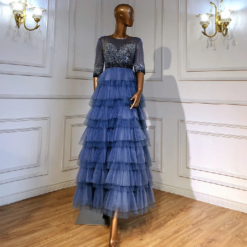 Savings Spectacular Serene Hill Blauw Tiered Rok Avond Jurken 2024 Kralen Half Mouwen A-lijn Voor Vrouwen Wedding Party LA71553