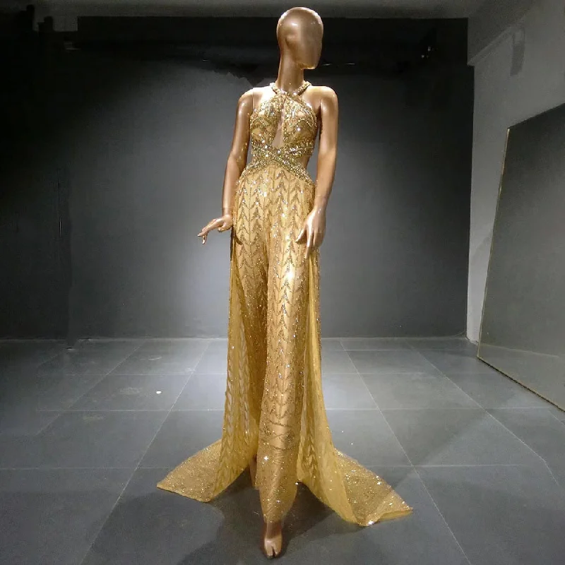 Daily Deals Gold Luxury Jumpsuit Evening Dresses Gowns 2024 Beaded Sexy Overskirt For Women Party Serene Hill LA71505