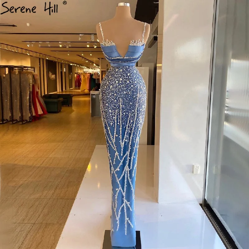 Overstock Serene Hill Blue Spaghetti Strap Mermaid Evening Dresses Gowns 2024 Luxury Beaded Elegant For Women Party LA71243