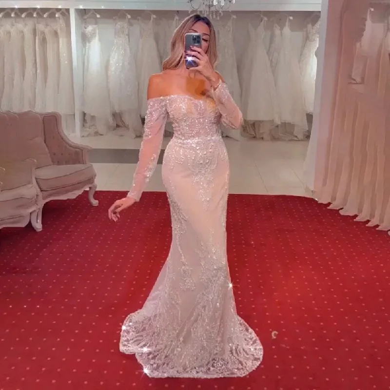 While Supplies Last Serene Hill Arabic White Nude Mermaid Elegant Sexy Off The Shoulder Evening Dresses Gowns Luxury Sequined 2024 Party LA71892