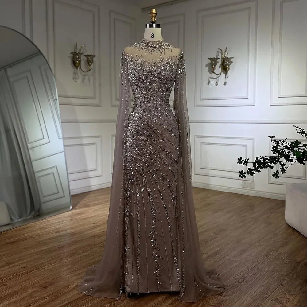 Savings Galore Serene Hill 2024 Nude Cape Sleeves Mermaid Lace Beaded Luxury Dubai Long Evening Dresses Gowns for Women Wedding Party LA71885A