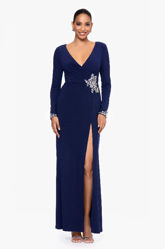 Clearance Event "Gerri" Long Jersey Knit Long Sleeve Embellished Dress