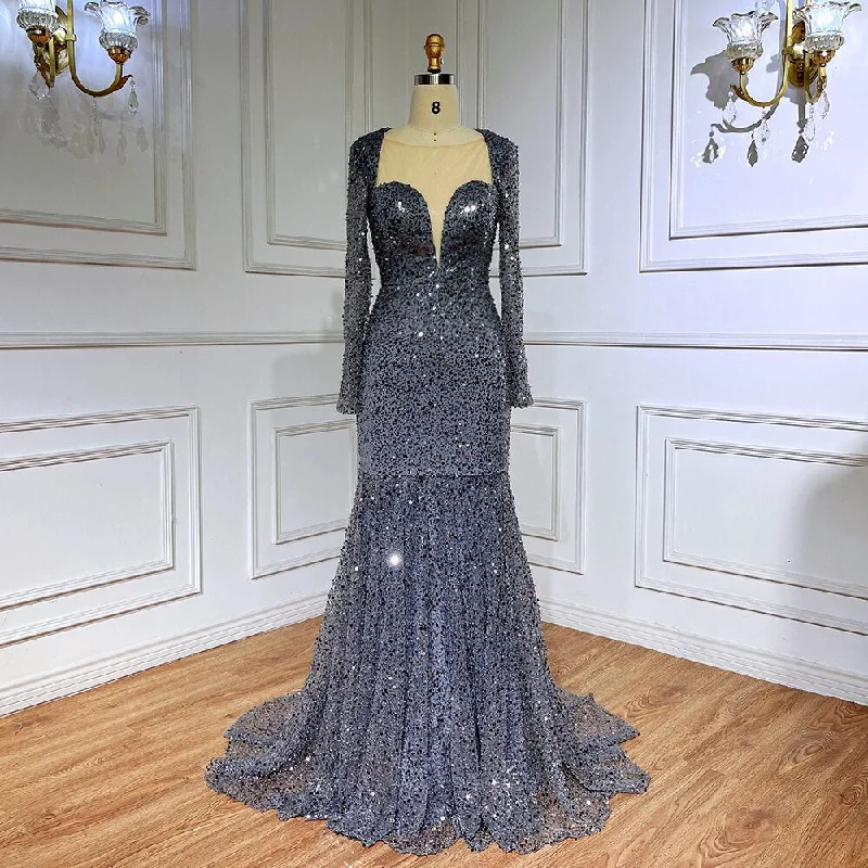 Mega Sale Serene Hill Muslim Blue Mermaid Sparkle Sequin Beaded Luxury Evening Dresses Gowns For Women Wedding Party 2024 LA71486