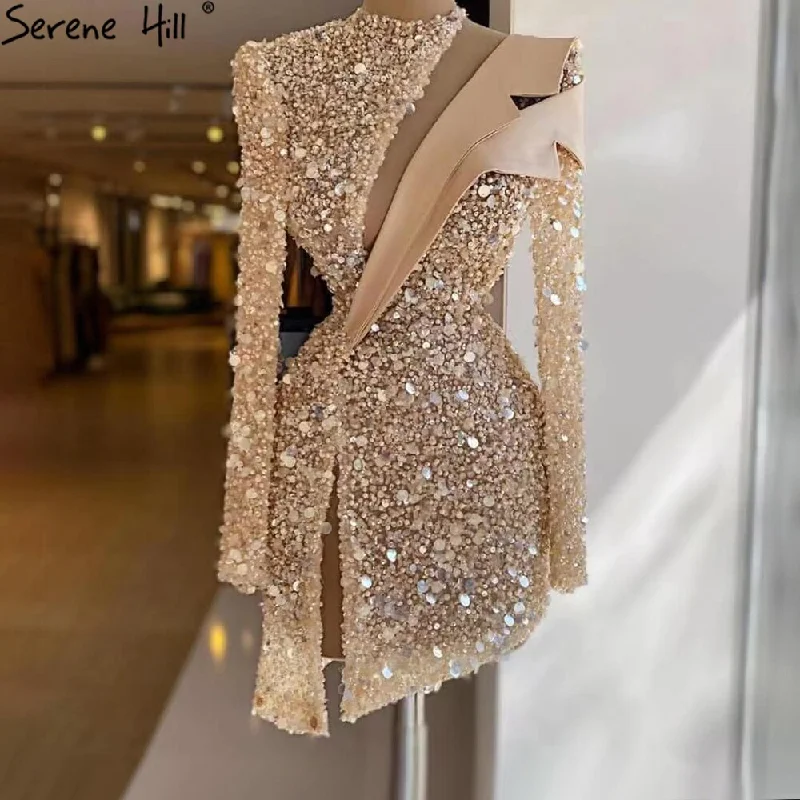Price Reduction Serene HiLL Gold Asymmetrical Cocktail Party Gowns 2024 Beaded Pearl Sexy Luxury For Women Party LA71399