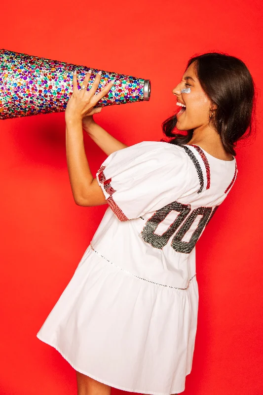 Epic Deals White, Black/Red Poof Sleeve QOS Jersey Dress