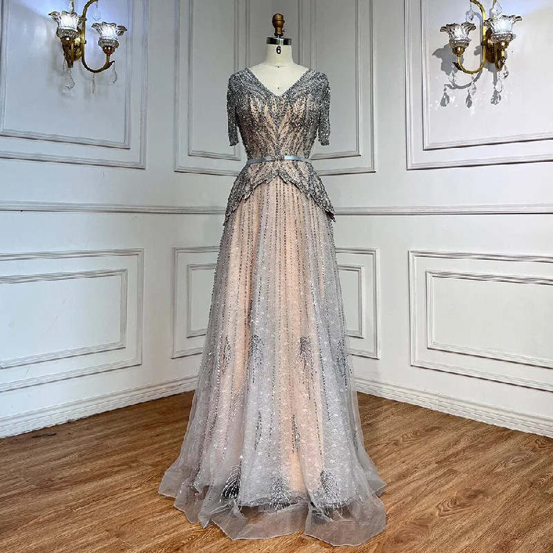 Price Rollback Serene Hill Silver Nude V-neck Short Sleeves A-line Evening Dresses 2024 Mother of the Bride Luxury Beaded Party Gowns LA72058