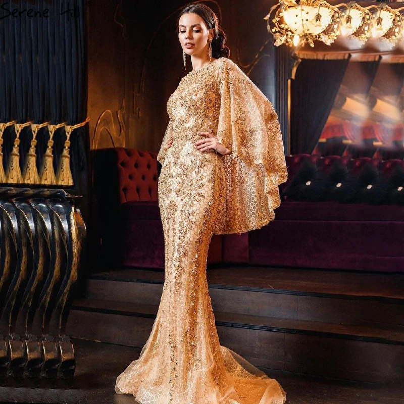 Price Cut Serene Hill Gold Plus Size Mermaid Elegant Luxury Evening Dresses Gowns 2024 Pearls Beading With Cape For Women Party LA70738 Price Cut Serene Hill Gold Plus Size Mermaid Elegant Luxury Evening Dresses Gowns 2024 Pearls Beading With Cape For Women Party LA70738