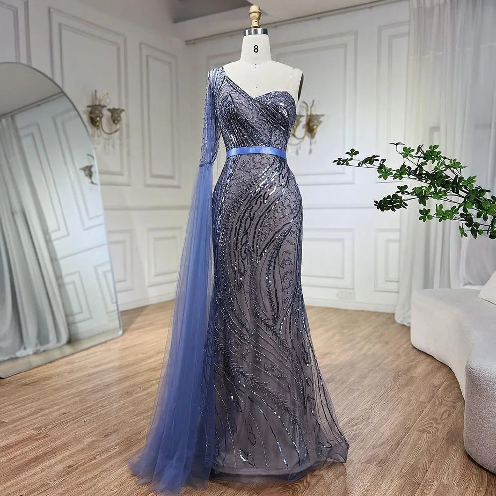 Quick Sale Serene Hill 2024 Blue Mermaid One Shoulder Elegant Cape Sleeve Beaded Evening Dresses Gowns For Women Wedding Party LA72294 Quick Sale Serene Hill 2024 Blue Mermaid One Shoulder Elegant Cape Sleeve Beaded Evening Dresses Gowns For Women Wedding Party LA72294