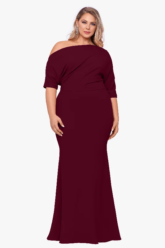 Mega Sale Plus "Madeline" Long Scuba Crepe Off the Shoulder Drop Dress