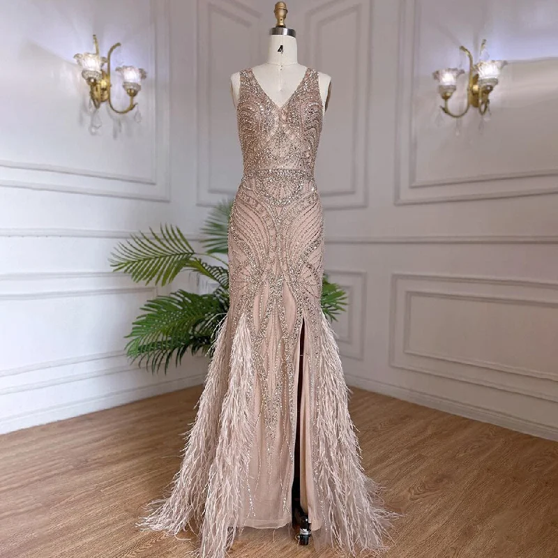 Stock Up and Save Serene Hill Nude Luxury Mermaid Evening Dresses Gowns 2024 Beaded Feather Elegant For Women Wedding Party LA71868