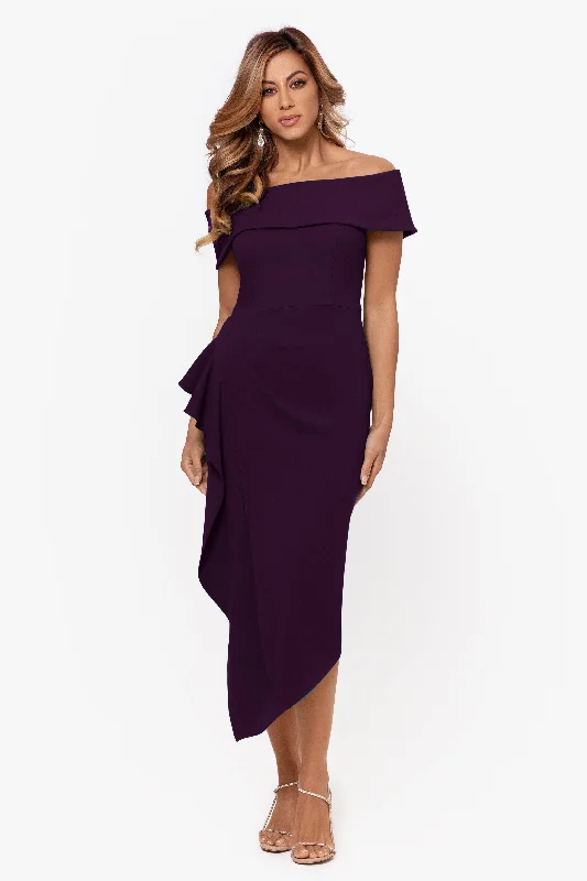 Weekend Deal "Maya" Midi Scuba Crepe Off the Shoulder Cuff Side Ruching Dress