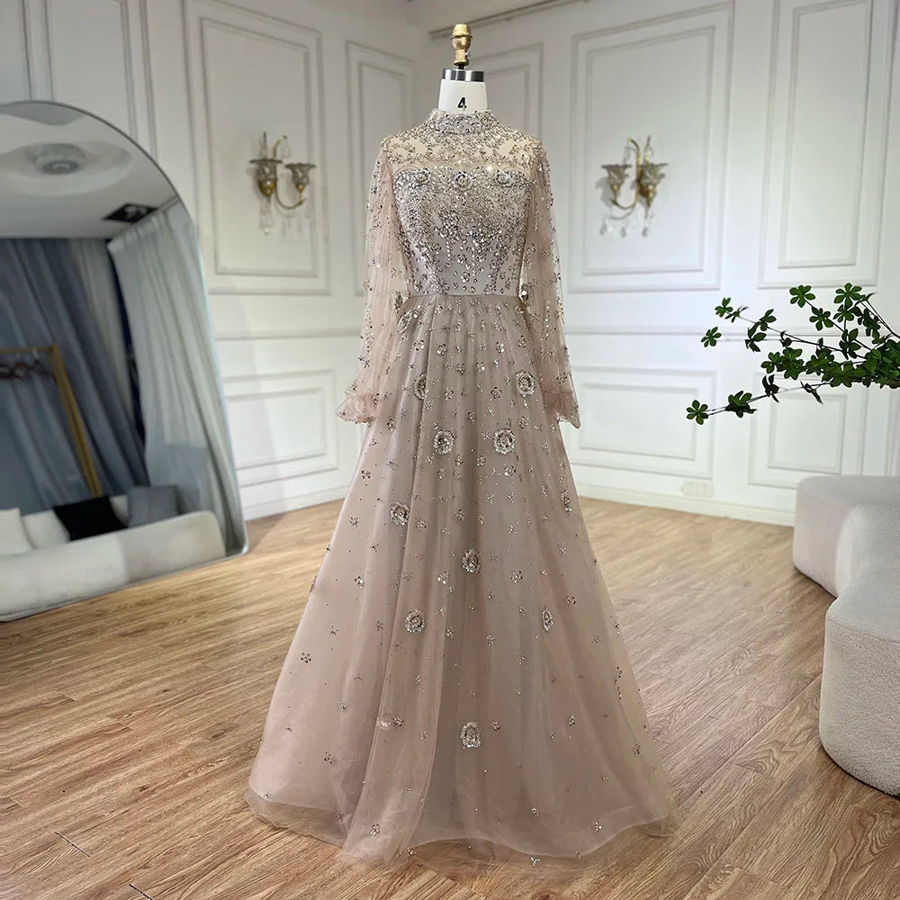 Final Sale Serene Hill Muslim Nude A-Line Beaded Luxury Elegant Dubai Long Evening Gown for Women - Wedding Party 2024 LA72594