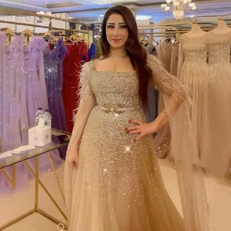 Best Seller Serene Hill Arabic Gold A Line Sexy Feathers Cape Sleeves Beaded Luxury Evening Dresses Gowns For Women Party 2024 LA71782