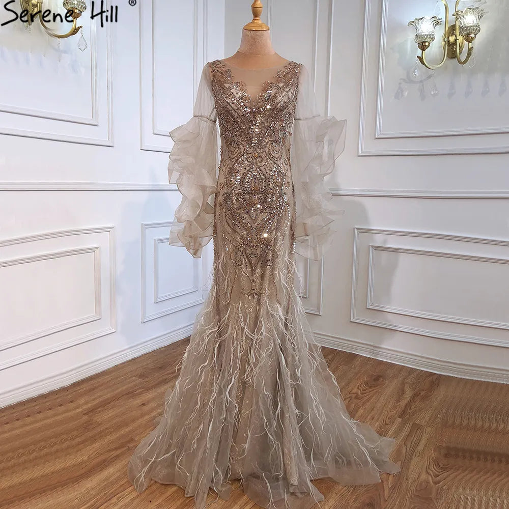 Stock Clearance Gold Petal Long Sleeve Mermaid Evening Dresses 2024 Luxury Sparkl Sequins Beaded Sexy Formal Dress Serene Hill LA70410