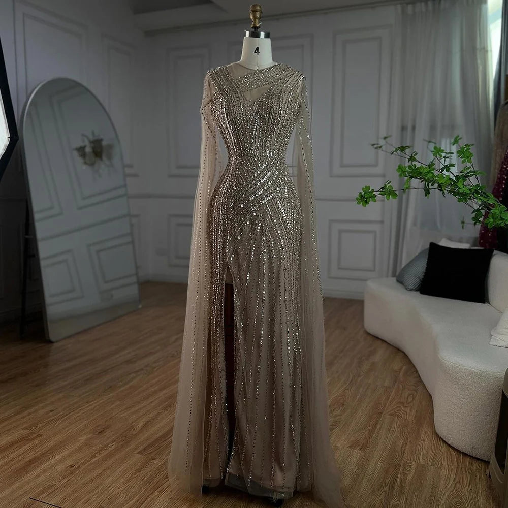 Blowout Deals Serene Hill Arabic Elegant Cape Sleeves Mermaid Nude Dubai Evening Dresses Gowns Beaded Luxury For Women Party 2024 LA71429B