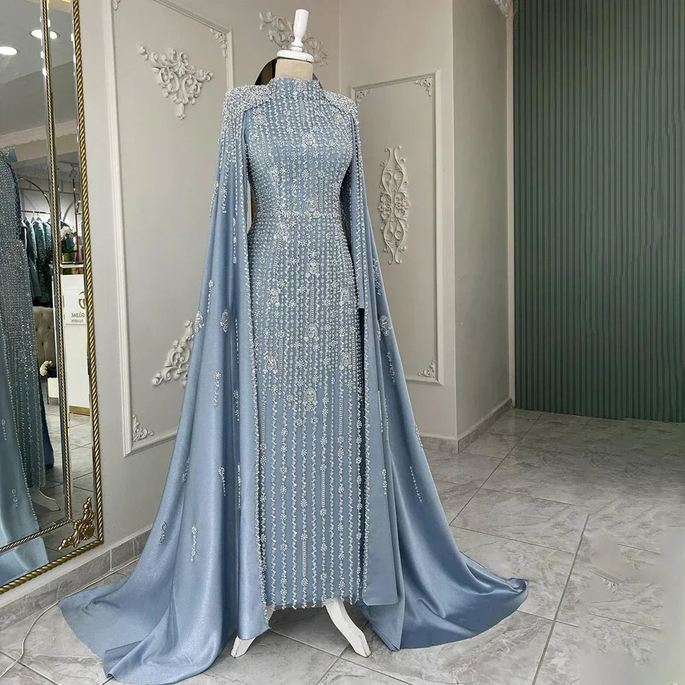 Reduced Prices Serene Hill 2024 Luxury Dubai Blue Muslim Mermaid Beaded Evening Gowns with Cape Sleeves for 's Party LA72533 Customized