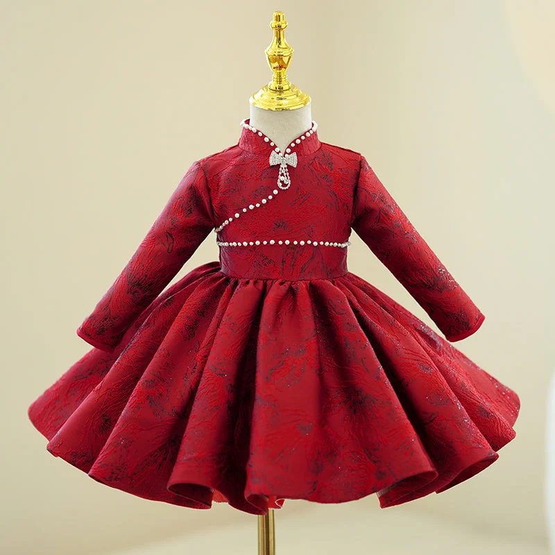 Savings Bonanza Girl Christmas Dress Toddler Prom Dress Little Girl Stand Collar Long Sleeve Printed Beaded Birthday Party  Dress