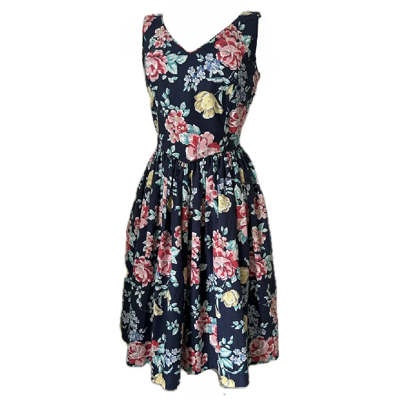 Early Access Navy blue floral cotton vintage 1980s Laura Ashley day dress