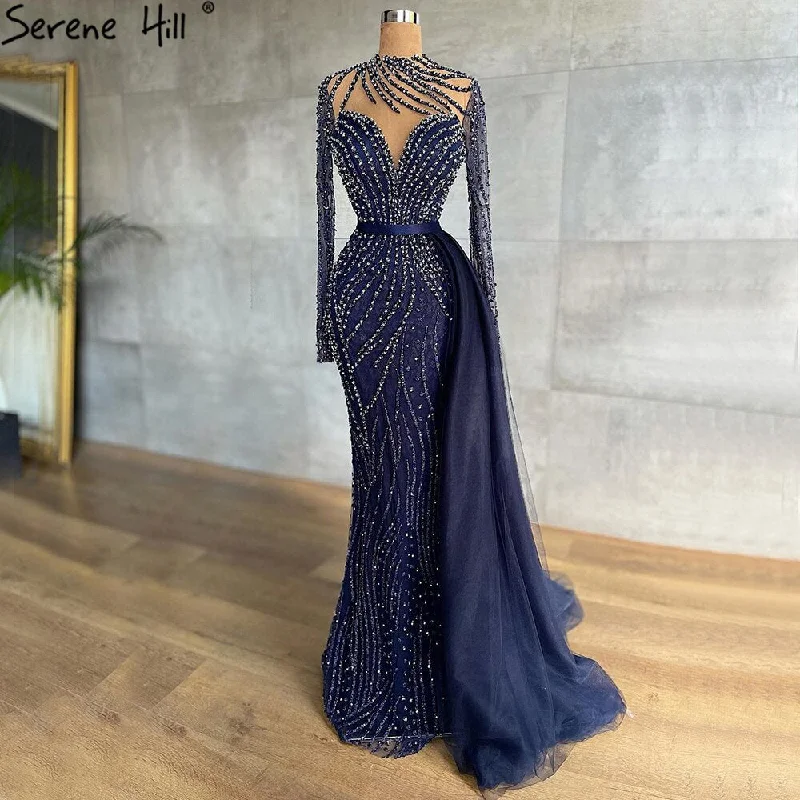Stock Clearance Serene Hill Muslim Navy Blue Luxury Evening Dresses Gowns 2024 Beaded Mermaid Elegant For Women Party LA71359