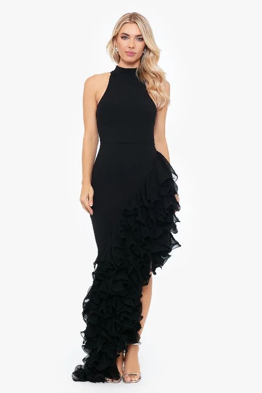 Get It Before It’s Gone "Mona" Long Ponte Asymmetrical Ruffle Mock Neck Dress