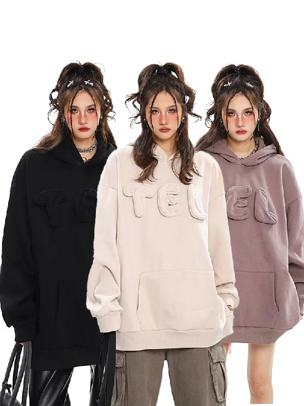 Best Bargains TEL 3D Bubble Letters Patchwork Solid Color Long Sleeve Hoodie