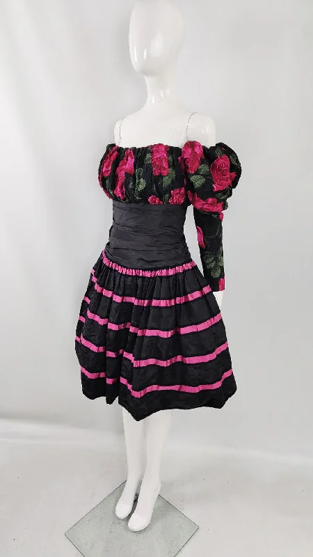 Savings Alert Roland Klein Vintage Floral Silk Off the Shoulder Party Dress, 1980s
