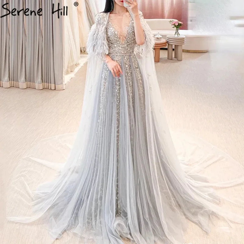 Value Deals Serene Hill Luxury Dubai Grey Evening Formal Dresses with Feather Cape Shawl Gold Arabic Women Wedding Party Gowns Long LA70640