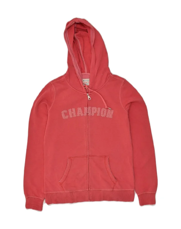 Big Discounts CHAMPION Womens Graphic Zip Hoodie Sweater UK 12 Medium Red Cotton