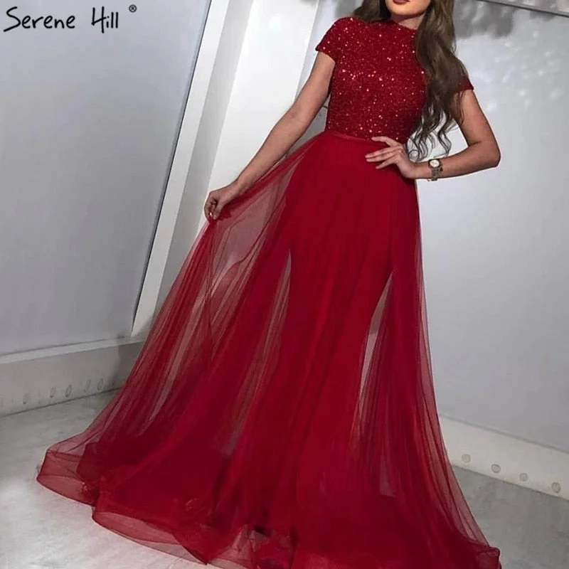 Flash Sale On Sale No Return No Refund  Dubai Luxury Latest Design Red Evening Dresses 2024 Crystal Short Sleeves Evening Gowns Serene Hill LA60793
