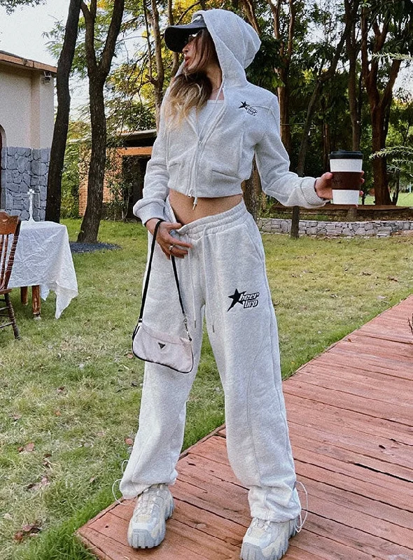 Today’s Special BEERBRO Star Solid Color Grey Long Sleeve Zip Up Cropped Hoodie High Waisted Sweatpants Matching Set