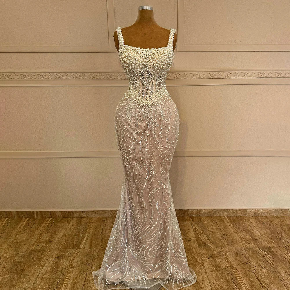 Savings Event Serene Hill White Nude Spaghetti Strap Mermaid Evening Dresses Gowns Luxury Pearls Beaded For Women Wedding Party 2024 LA72266
