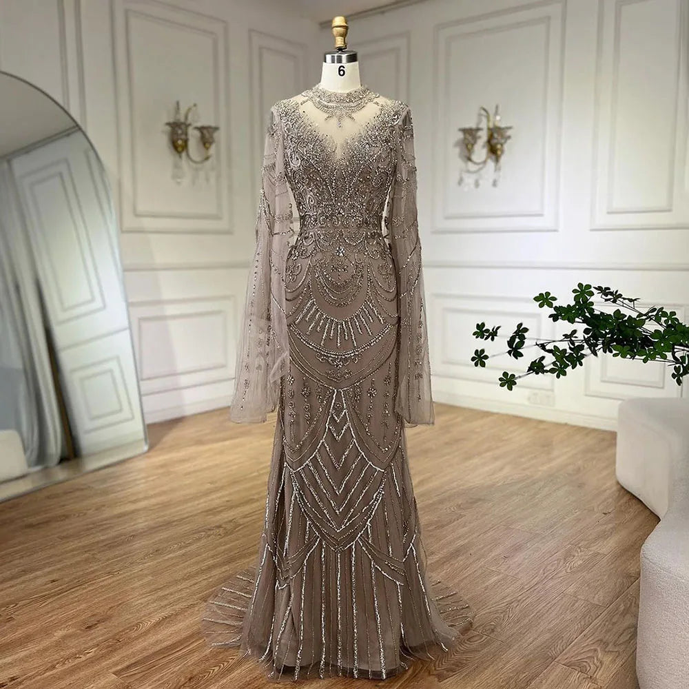 Midnight Sale Serene Hill Dubai Gray Elegant Mermaid Beaded Lace Arabic Luxury Evening Dresses Gowns 2024 for Women Wedding Party LA72517