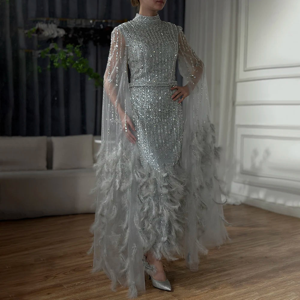 Year-End Clearance Serene Hill 2024 Silver Gray Mermaid Cape Sleeves Feathers Beaded Ankle Length Evening Dresses Gowns for Formal Occasion LA72747 Year-End Clearance Serene Hill 2024 Silver Gray Mermaid Cape Sleeves Feathers Beaded Ankle Length Evening Dresses Gowns for Formal Occasion LA72747