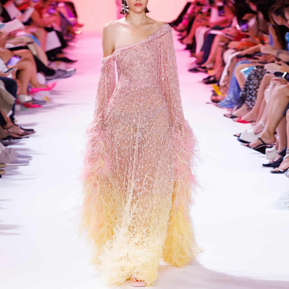 Special Discount Serene Hill 2024 Arabic Rose Gold A-Line Cape Sleeve Feather Beaded Luxury Saudi Evening Gown for Formal Occasion LA72763