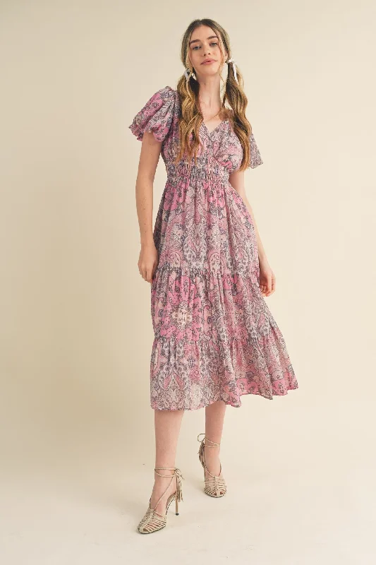 Price Drop Alert Pink Paisley Bubble Sleeve Midi Dress