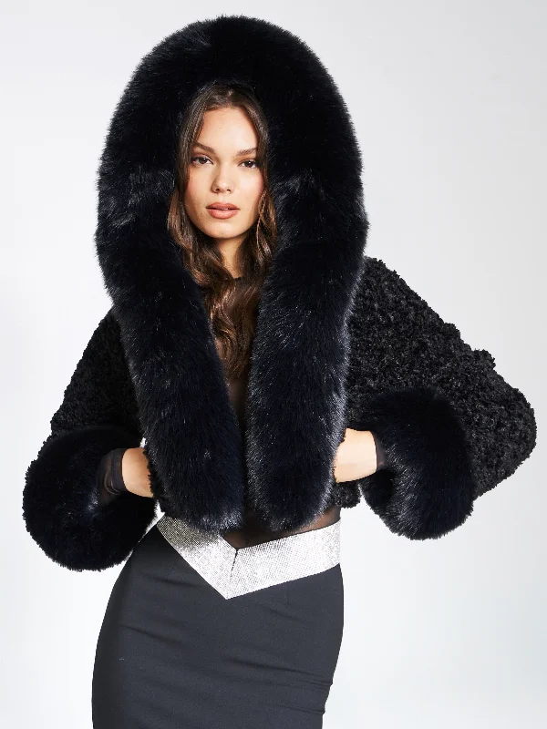 Seasonal Clearance Kali Black Cropped Vegan Fur Jacket With Hood