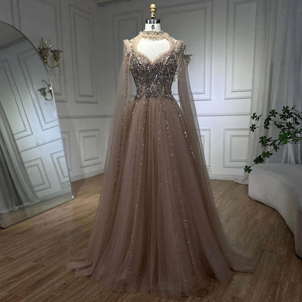 Deal Explosion Serene Hill 2024 Arabic Nude A Line Elegant Cape Sleeves Beaded Luxury Evening Dresses Gowns for Women Wedding Party LA72384