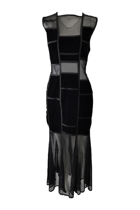 Extra Savings Tadashi Vintage Black Velvet & Sheer Mesh Evening Dress, 1990s