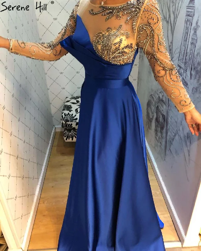New Markdowns Serene Hill Royal Blue Long Sleeve Satin Evening Dresses Gowns 2024 Beaded Sashes A-Line For Women Party LA71457